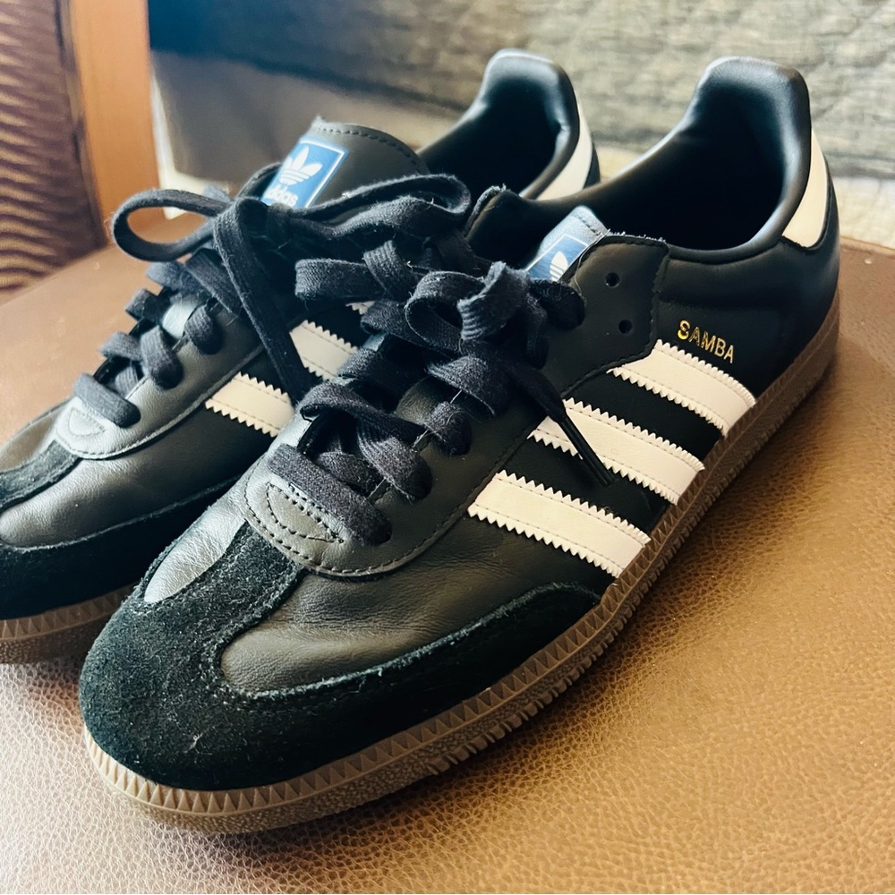 NWOT Adidas Samba Black Leather Sneakers with White Stripes - Size 10